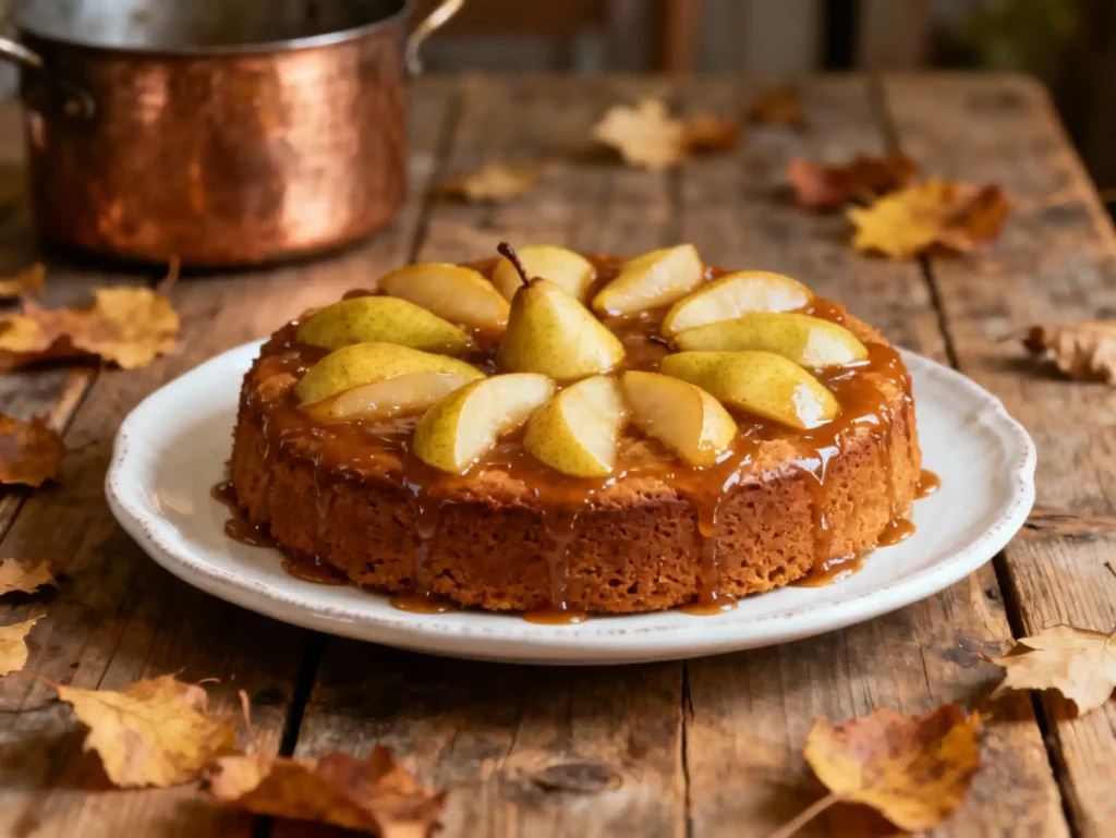 Upside-Down Pear Gingerbread Cake with caramelized pears