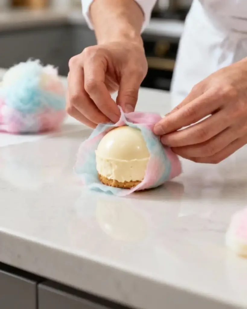 Wrapping cotton candy around cheesecake center