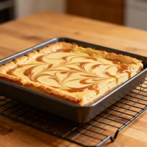 The final baked Banana Blondie Cheesecake on a cooling rack.