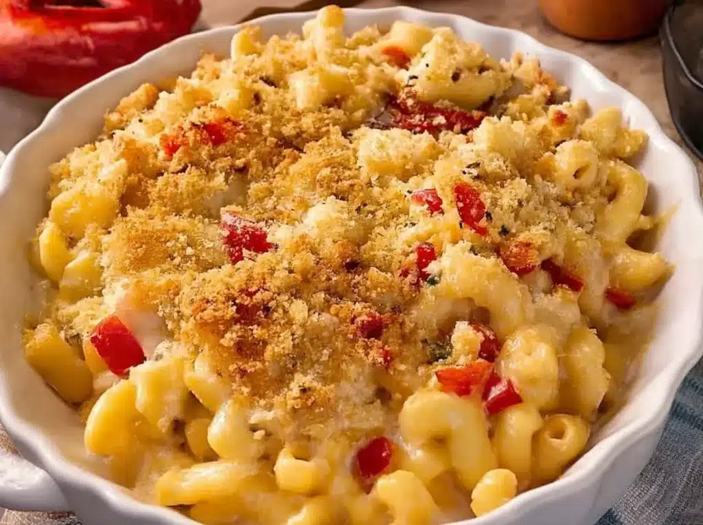 Baked Costco Lobster Mac and Cheese with golden breadcrumb topping