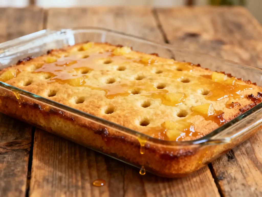 Baked yellow sheet cake topped with pineapple glaze