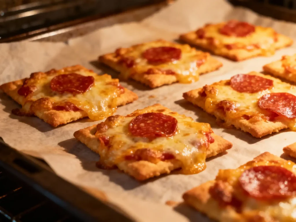 baked pepperoni pizza crackers with melted cheese