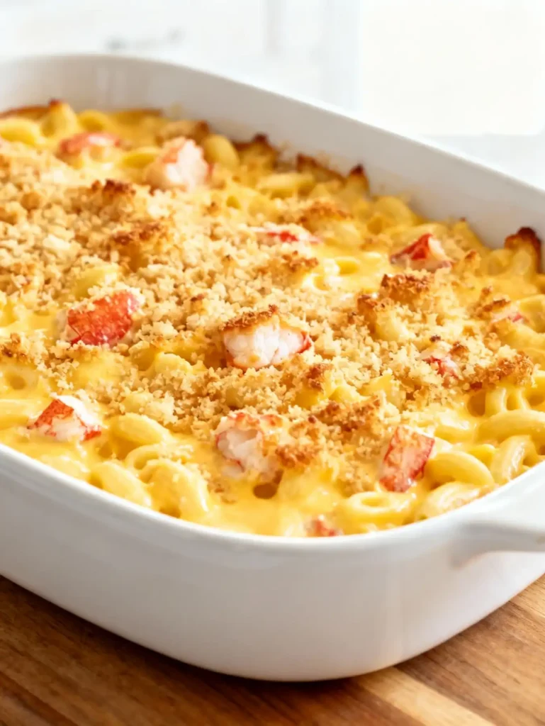 Costco Lobster Mac and Cheese baking in oven-safe dish