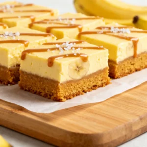 Perfectly sliced Banana Blondie Cheesecake bars with caramel and sea salt.