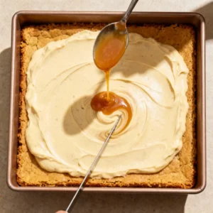 Swirling caramel sauce into the banana cheesecake batter.