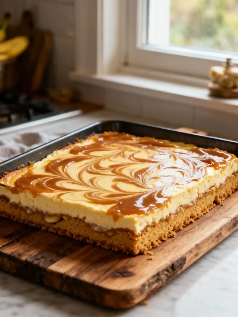 A full pan of Banana Blondie Cheesecake with caramel swirls.