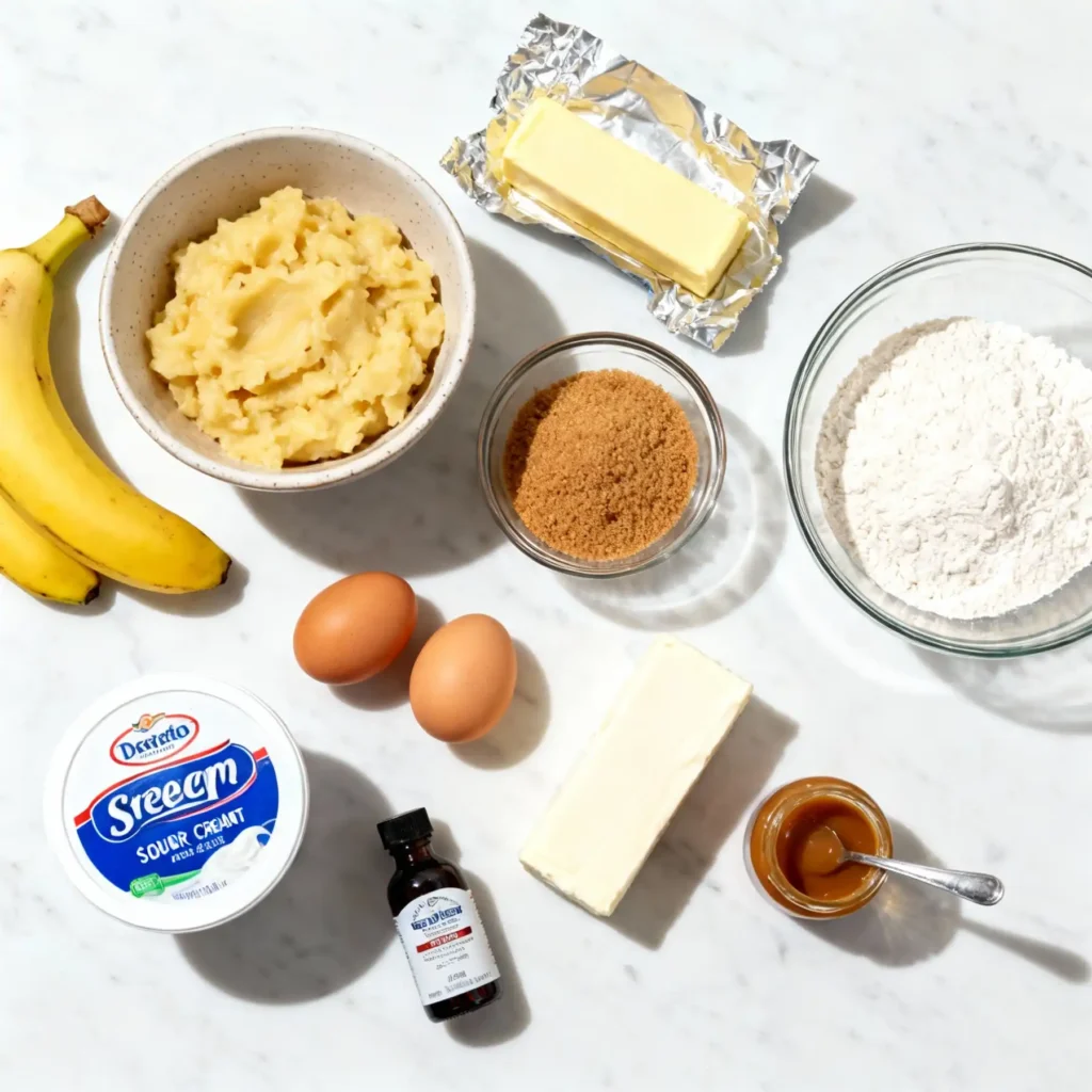 Ingredients for Banana Blondie Cheesecake with fresh bananas.