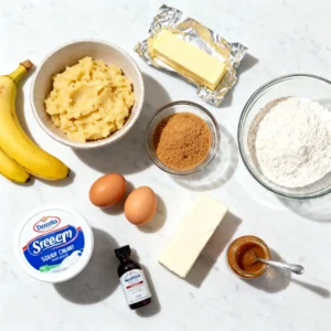 Ingredients for Banana Blondie Cheesecake with fresh bananas.