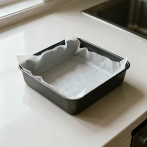 A 9x9 square baking pan lined with parchment paper for the cheesecake bars.