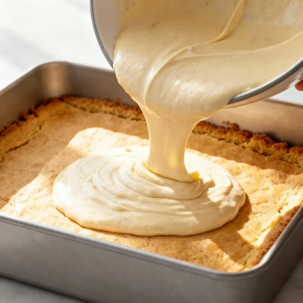 Pouring creamy banana cheesecake batter over the baked blondie base.