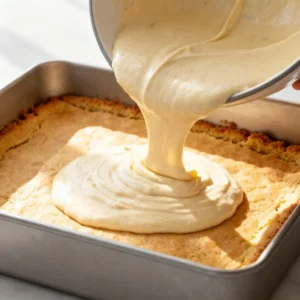 Step 2: Spreading the thick banana blondie batter evenly into the prepared pan.