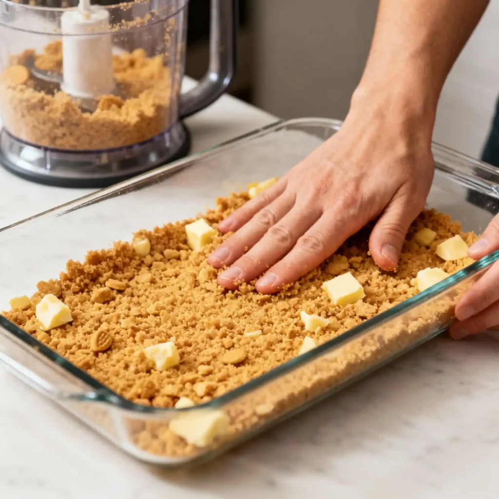 Pressing the Golden Oreo crust for the cherry cheesecake lush recipe.
