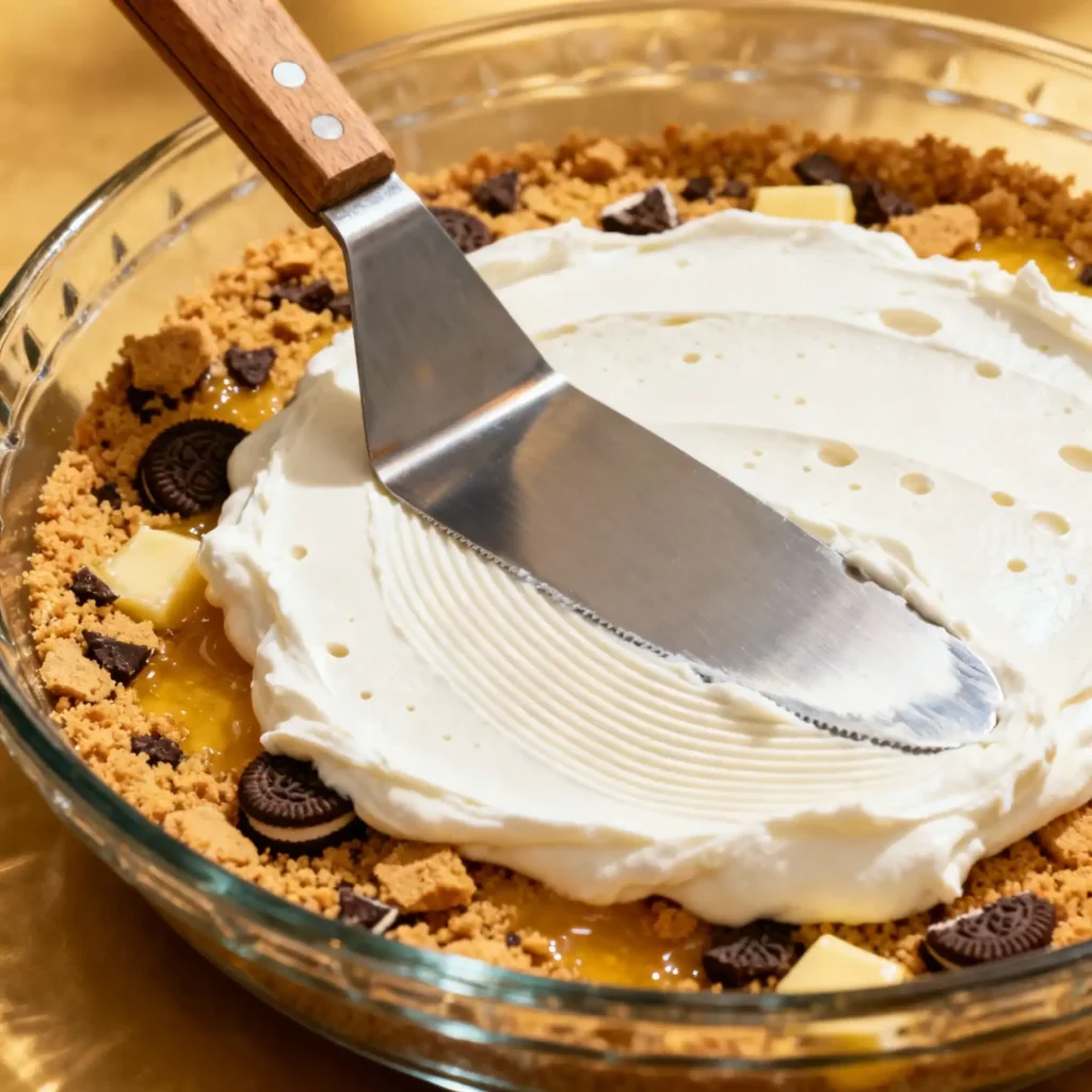 Spreading the no-bake cheesecake layer over the crust.