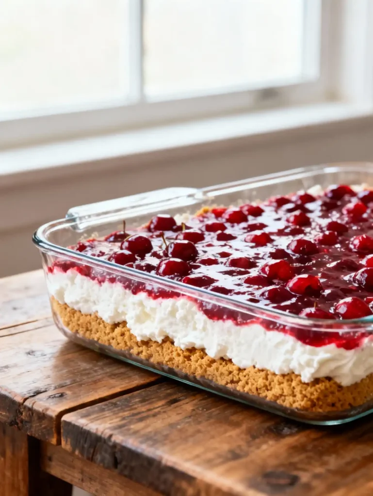 Cherry cheesecake lush recipe in a 9x13 glass dish with layers.