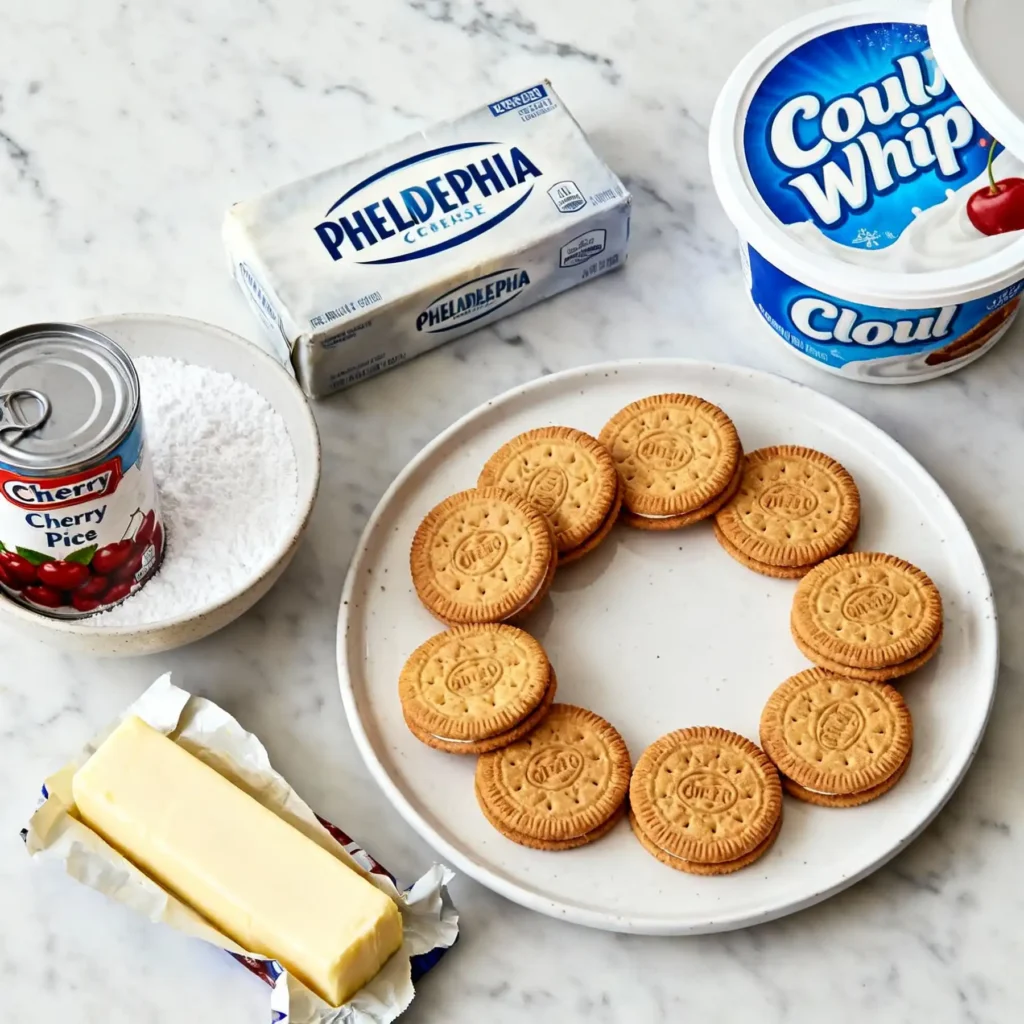 Ingredients for cherry cheesecake lush with Golden Oreos.
