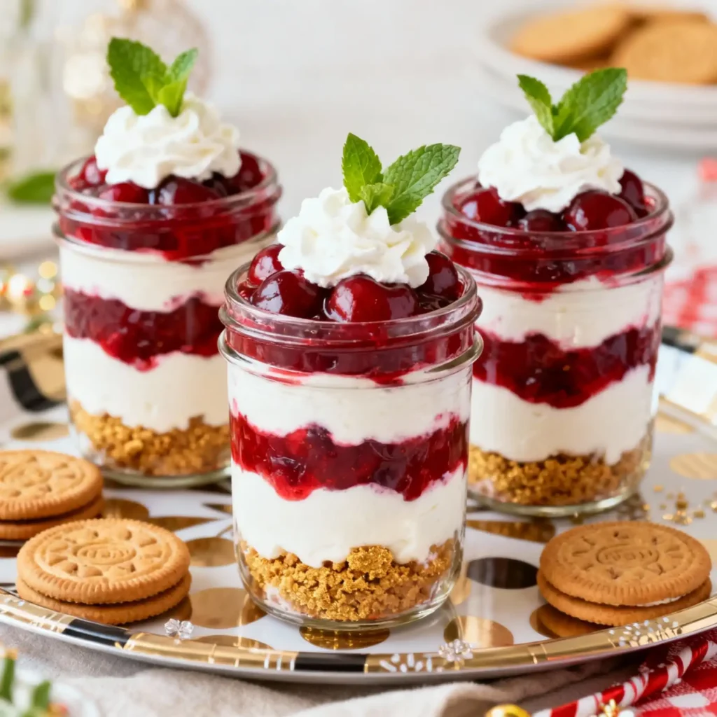 Cherry cheesecake lush served in individual party cups.