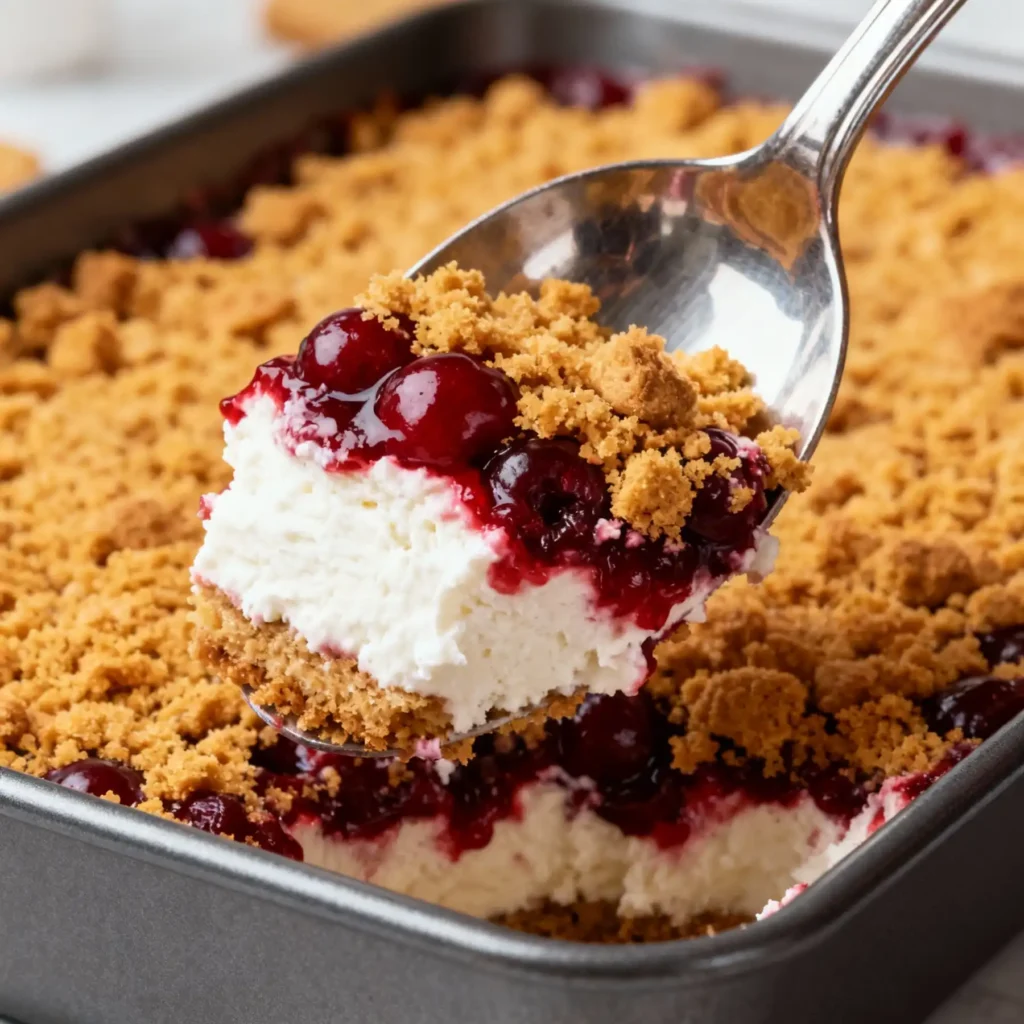 A scoop of creamy cherry cheesecake lush showing all layers.