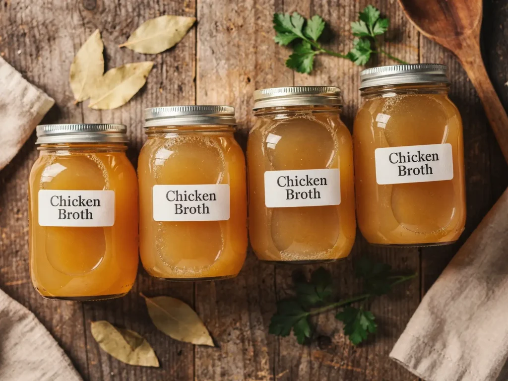 Jars of homemade chicken broth for storage