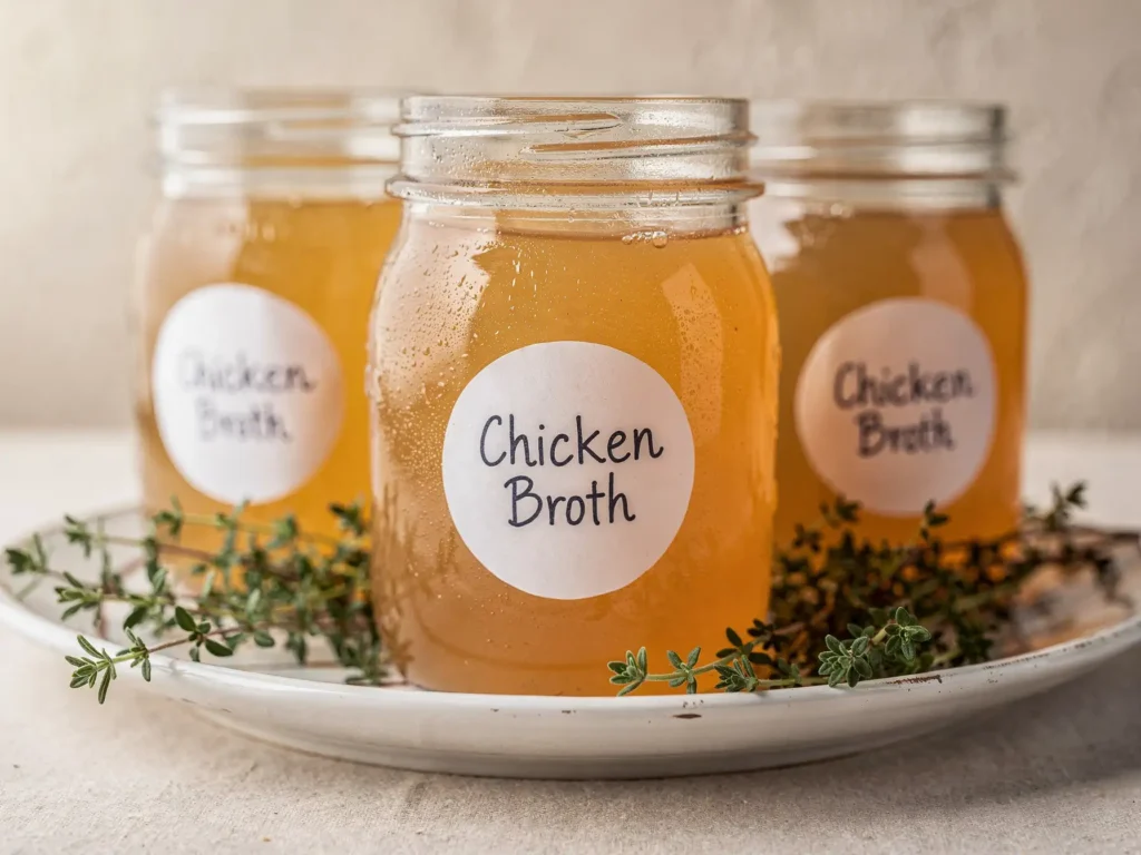 Mason jars of homemade chicken broth recipe labeled and ready