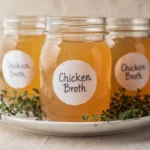 Mason jars of homemade chicken broth recipe labeled and ready
