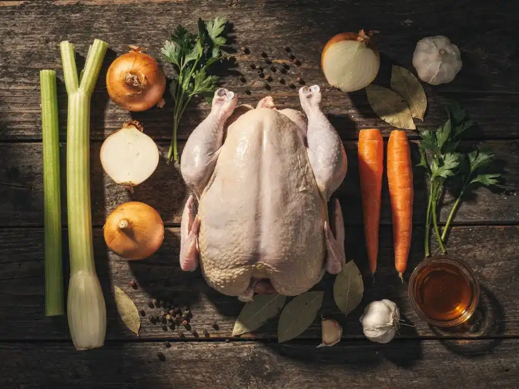 Ingredients for chicken broth laid out on table