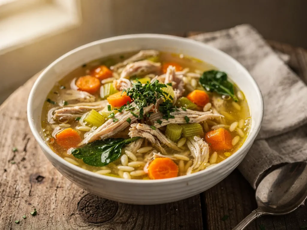 Bowl of soup made with chicken broth