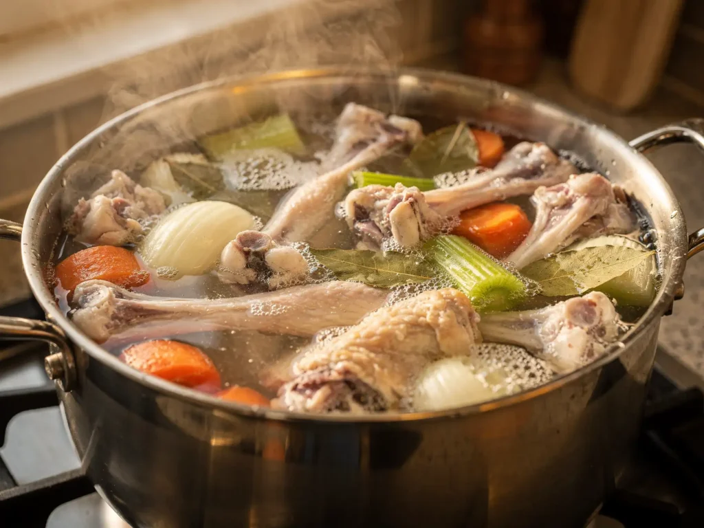 Chicken broth starting to simmer with bones and vegetables