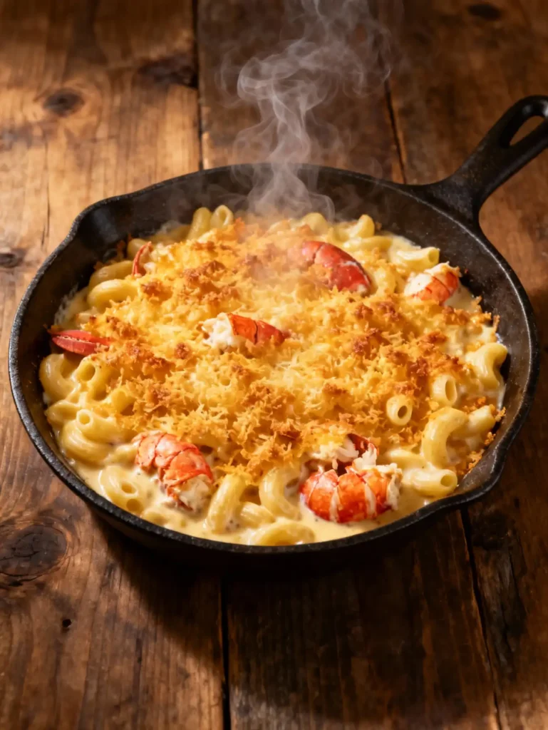 Costco Lobster Mac and Cheese in cast iron dish