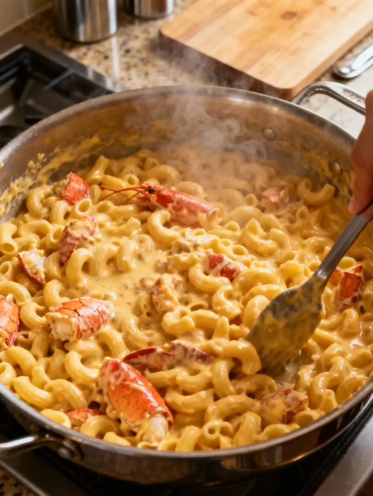 Mixing pasta and cheese sauce for Costco Lobster Mac and Cheese