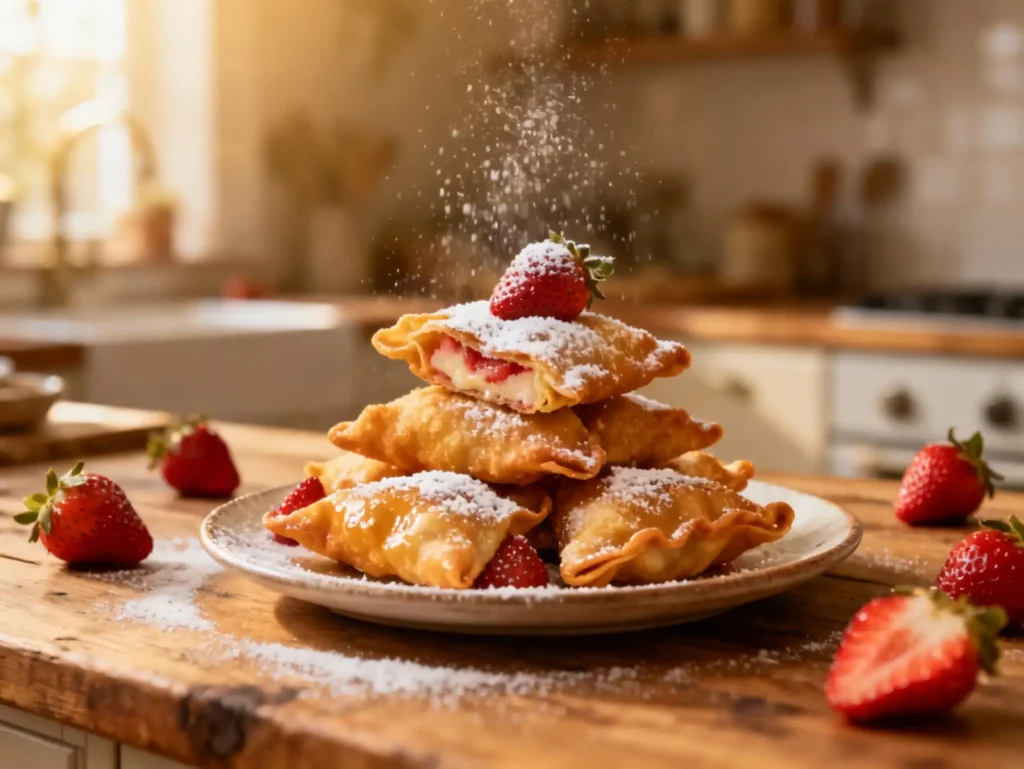 Deep-fried strawberry cheesecake wontons stacked with powdered sugar