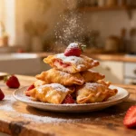 Deep-fried strawberry cheesecake wontons stacked with powdered sugar