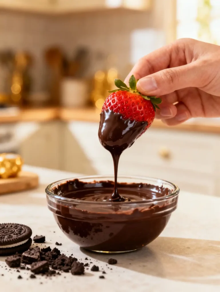 Dipping Oreo truffle stuffed strawberries into melted chocolate.