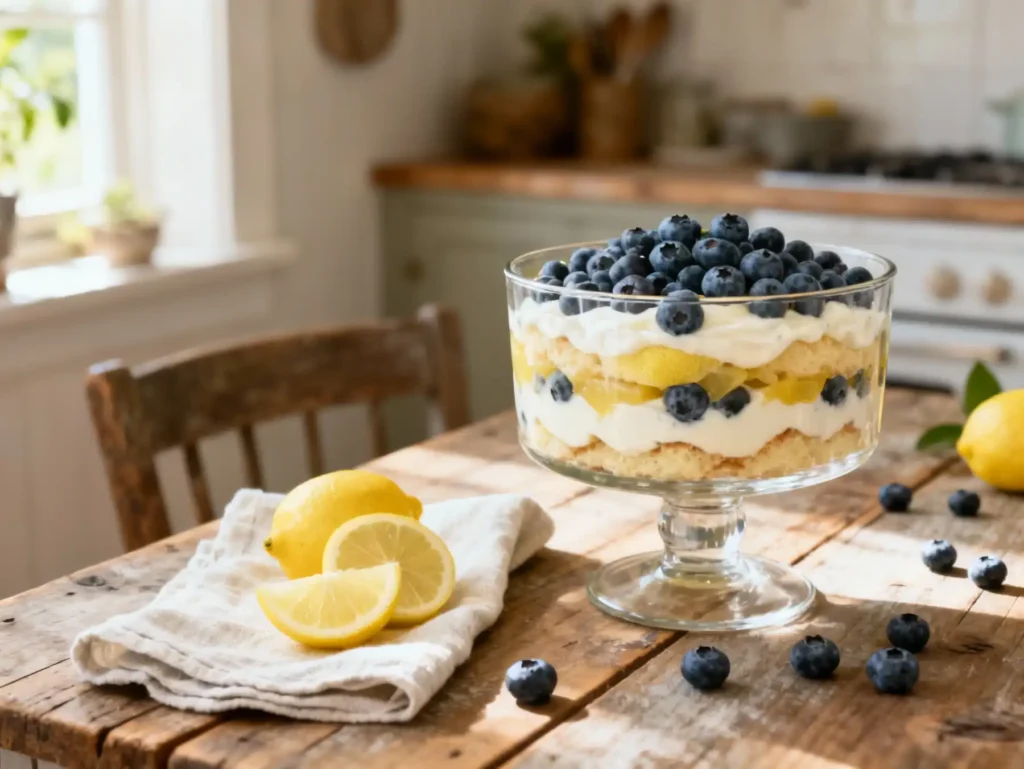 Easy lemon blueberry trifle recipe in a rustic glass trifle bowl with fresh ingredients