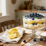 Easy lemon blueberry trifle recipe in a rustic glass trifle bowl with fresh ingredients