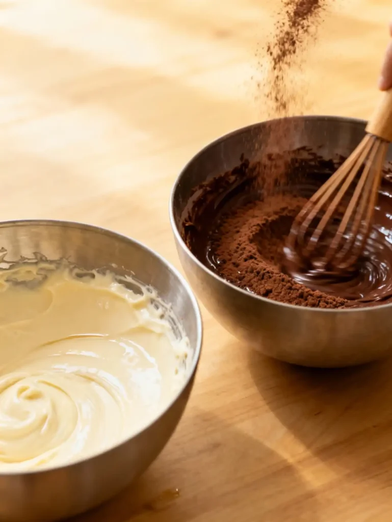 Vanilla and chocolate batters for a classic German marble cake.
