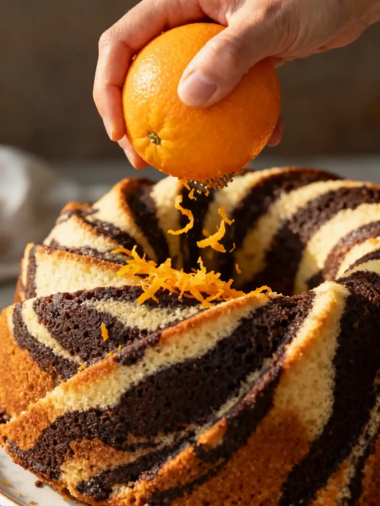 Adding orange zest as a flavor variation for the easy marble bundt cake recipe.