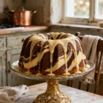 Easy marble bundt cake recipe with vanilla glaze on a cake stand.