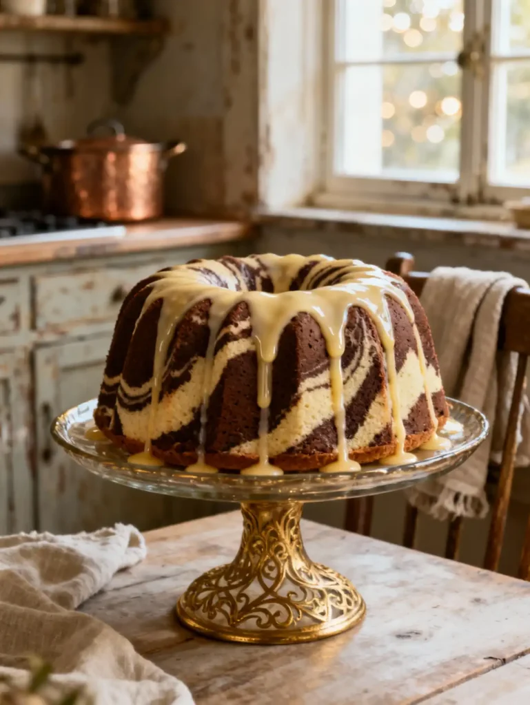 Easy marble bundt cake recipe with vanilla glaze on a cake stand.