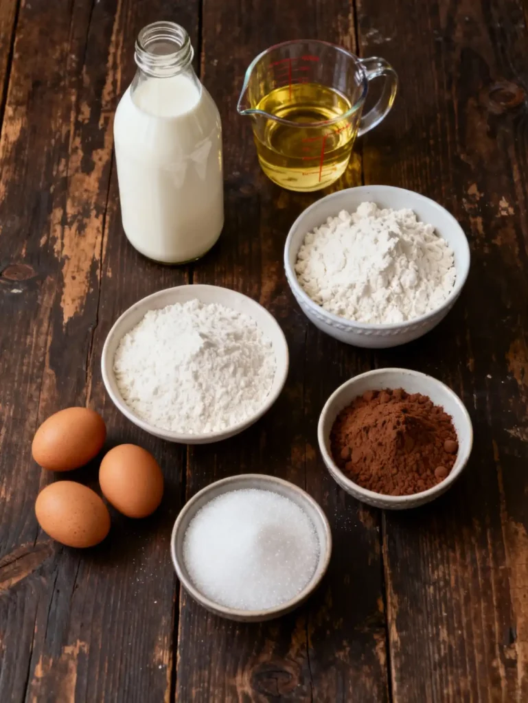 Ingredients for the marble buttermilk bundt cake, including buttermilk and oil.