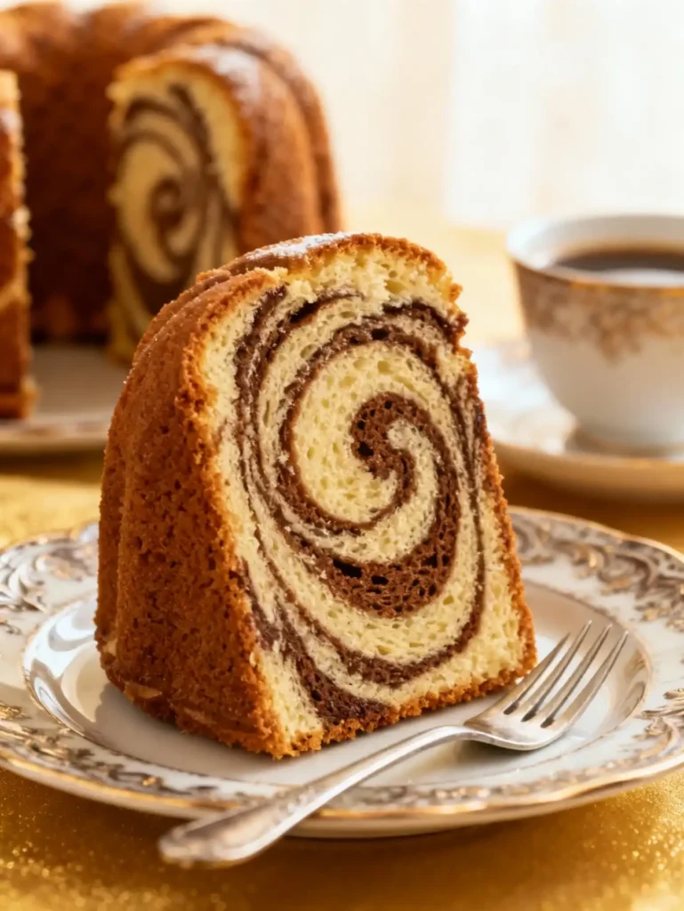 A perfect slice of the easy marble bundt cake showing the internal swirl.