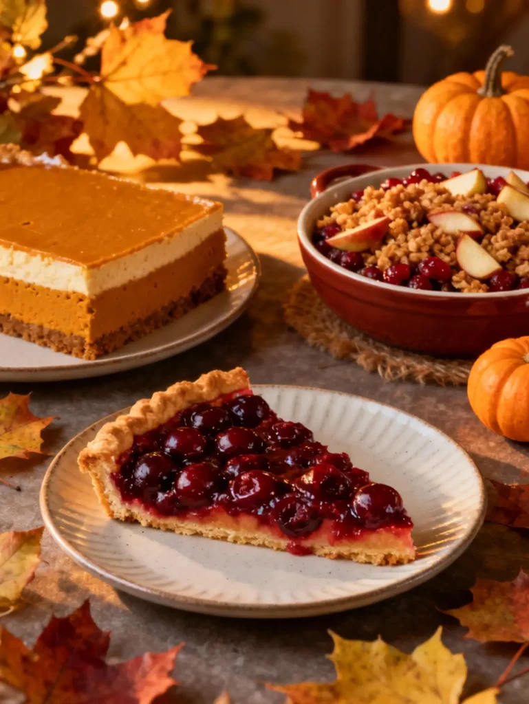 A holiday dessert table featuring a slice of cherry slab pie, no-bake pumpkin cheesecake bars, and cranberry apple crisp in a red bowl.