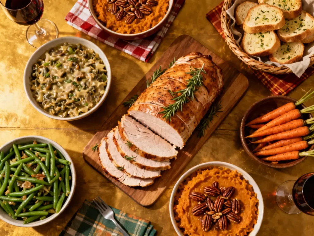 Overhead shot of a complete easy Thanksgiving recipes featuring roasted turkey tenderloin, glazed carrots, savory sweet potatoes, and green beans.