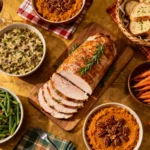 Overhead shot of a complete easy Thanksgiving recipes featuring roasted turkey tenderloin, glazed carrots, savory sweet potatoes, and green beans.