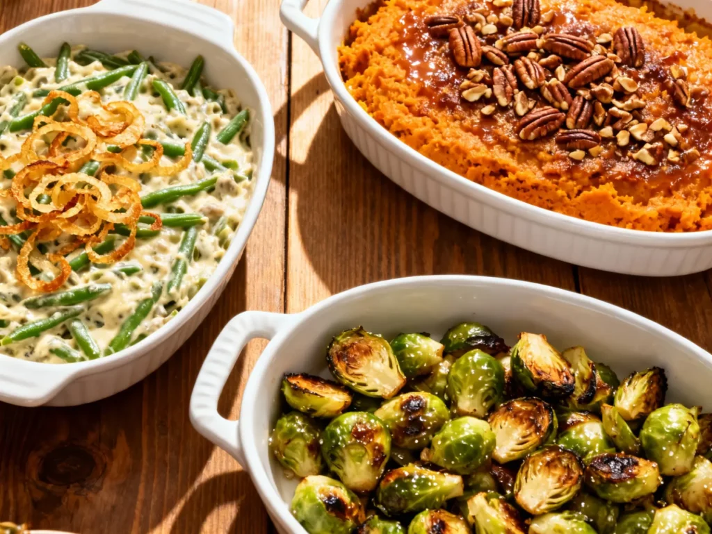 Three classic Thanksgiving side dishes: fresh green bean casserole with crispy onions, savory sweet potato casserole with pecans, and roasted Brussels sprouts.