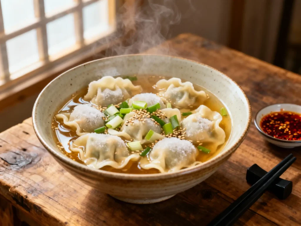 Easy Wonton Soup in a ceramic bowl with scallions