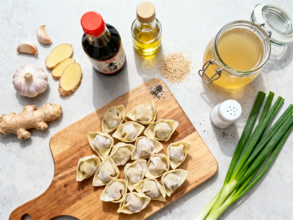 Ingredients for making easy wonton soup