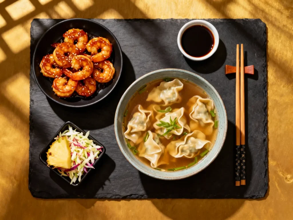 Easy Wonton Soup with shrimp and coleslaw