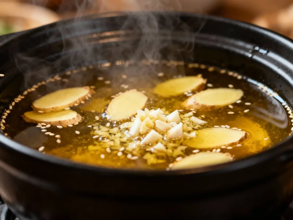 Garlic and ginger sautéing for wonton soup