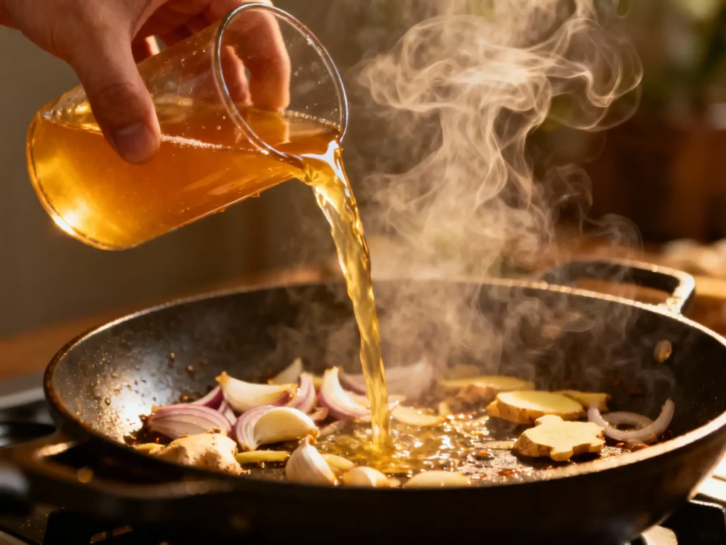 Chicken broth added to soup base