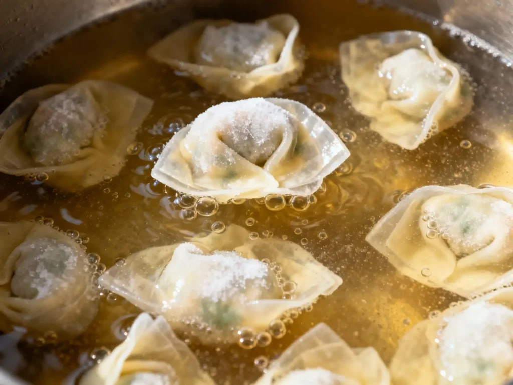 Frozen wontons cooking in broth
